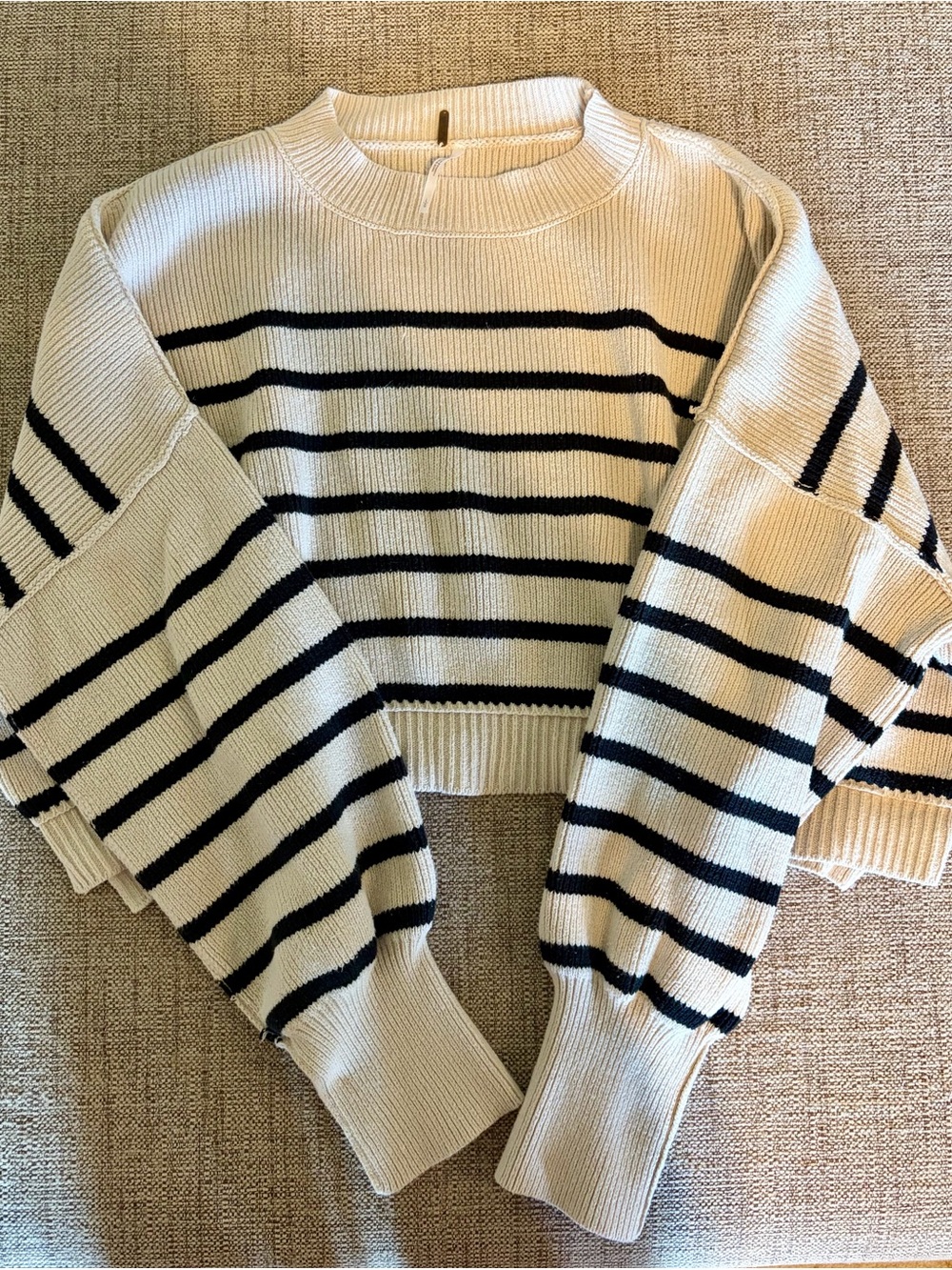 Free People Easy Street Striped Crewneck Cropped Sweater - Cream and Black
